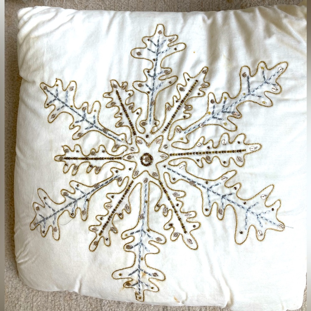 White velvet with gold and silver snowflake design winter accent pillow
